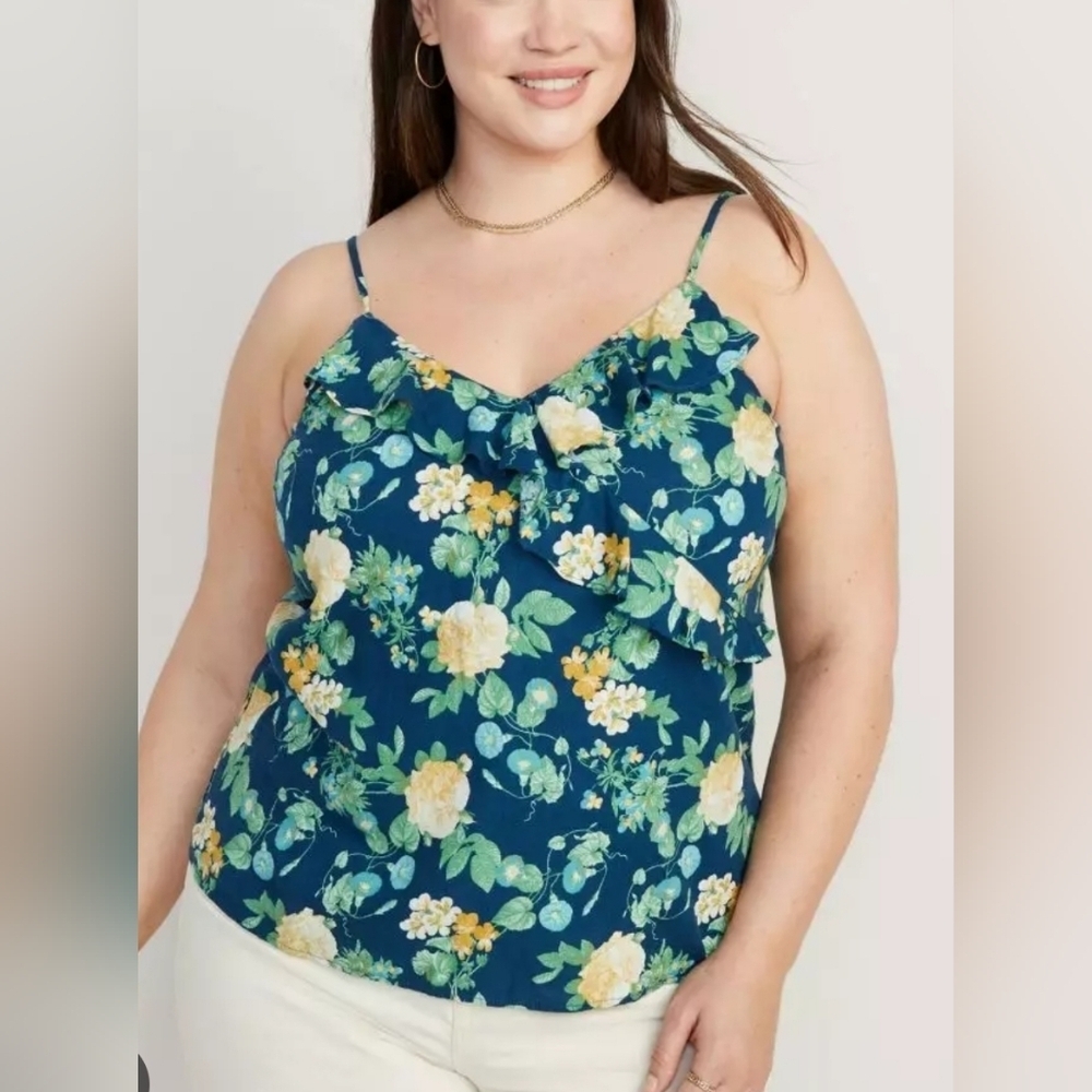 Old Navy Linen Blend Blue Floral Print Ruffled Cami Top Size M